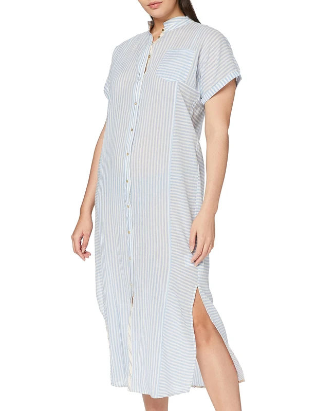 Noa Noa Women's Cotton Creased Loose Fit Dress, Multicolour (Art Blue 477), 10 (Manufacturer size: 36)
