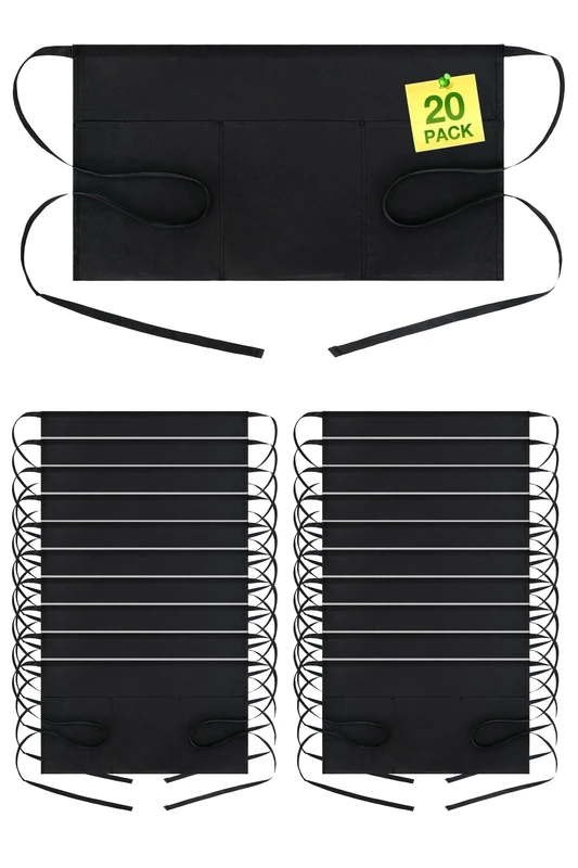 BOHARERS Waist Apron with 3 Pockets 20 Pack - Black Waitress Waiter Server Half Short Aprons Kitchen Restaurant for Women Men Server, 24 X 12 for Holding Server Book Guest Check Card Holder
