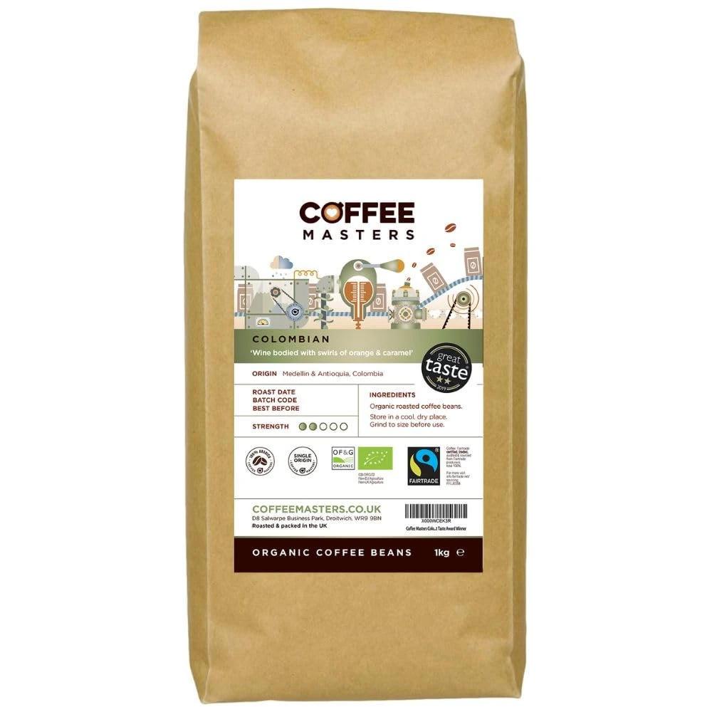 Coffee Masters Colombian Organic Coffee Beans 1kg - Fairtrade, Single Origin, 100% Arabica, Light Roasted Whole Bean Ideal for Espresso Machines - Great Taste Award Winner
