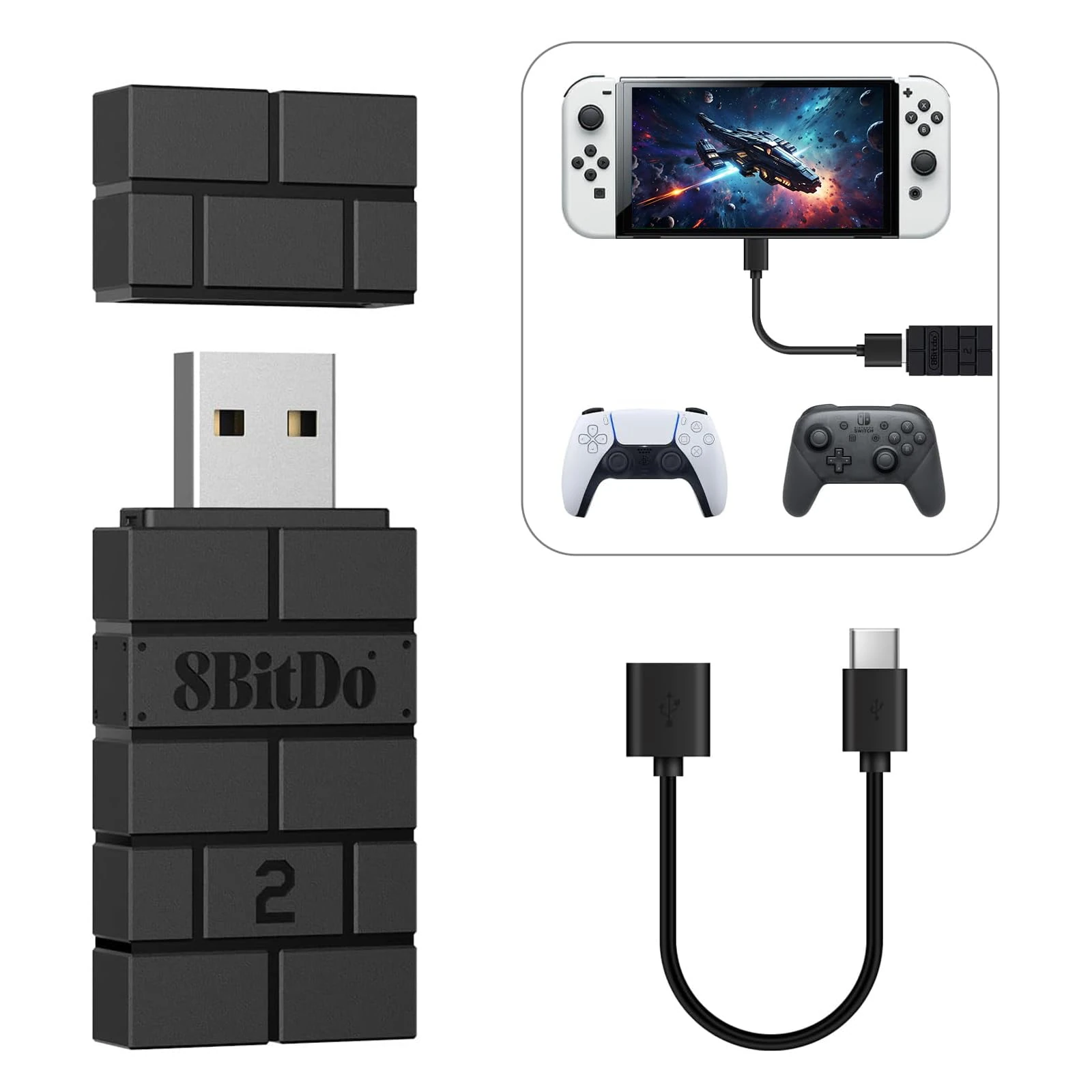 8Bitdo Wireless USB Adapter 2, Bluetooth Switch Controllers Adapter for Xbox Series, Joycons, Switch Pro, PS5, PS4, PS4 Pro, PS3 on Switch, PC, Android, Raspberry Pi, Retrofreak (Black)