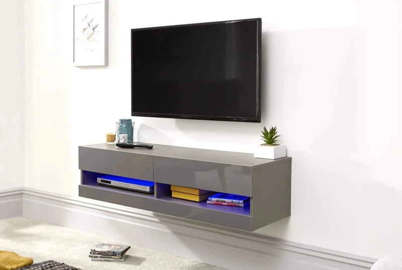 GFW Galicia 120cm Wall TV Unit with LED, Grey Floating TV Cabinet with Lift-Up Doors and Hidden AV Storage, Modern Entertainment Unit