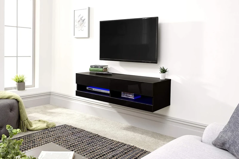 GFW Galicia Wall Mounted High Gloss Featuring A LED Downlight, This Floating TV Unit Console & Television Stand for Living Entertainment Room with Storage Shelves, Engineered Wood, Black, 120cm