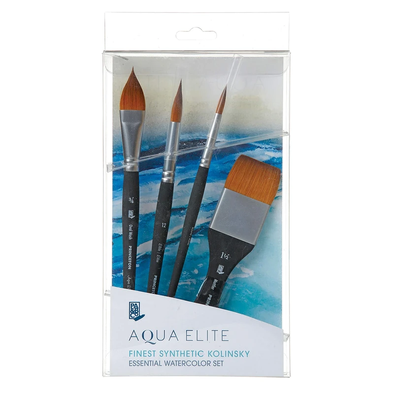 Princeton Aqua Elite Fine Art Watercolours Brushes, Synthetic Kolinsky Sable, 4 Piece Essential Brush Set, Short Handle, For Professionals & Students