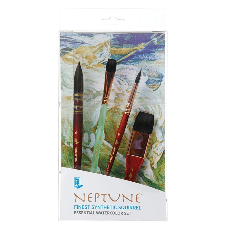 Princeton Neptune Fine Art Watercolours Brushes Essential Set, Synthetic Squirrel, 4 Piece Brush Set, Short Handle, For Professionals & Students