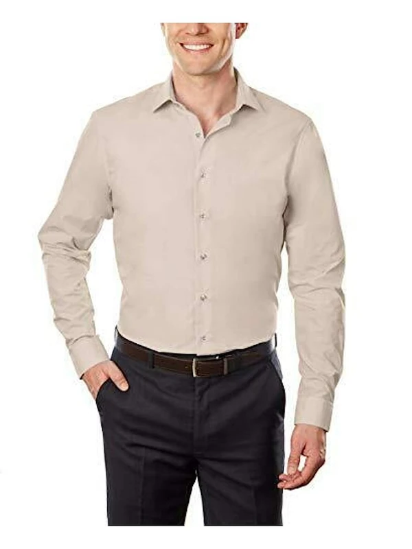 Kenneth Cole Unlisted by Men's Slim Fit Solid Spread Collar Dress Shirt, Almond, 16"-16.5" Neck 32"-33" Sleeve - Image 1