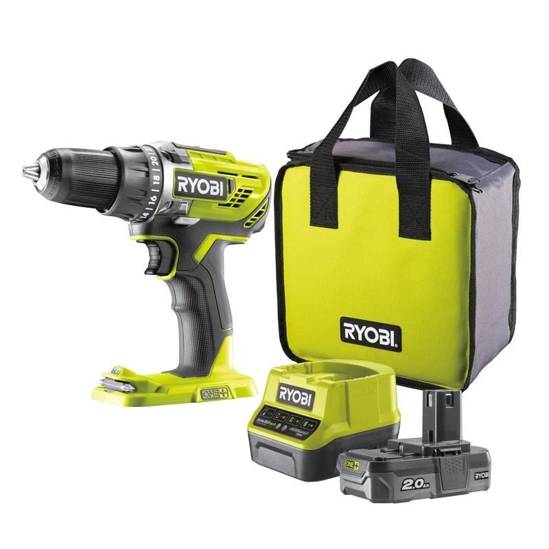 RYOBI - Cordless Drill Driver 18V - 50 Nm - 500-1800 RPM - 13 mm Chuck - 1 Lithium Battery + 2.0 Ah - 2.0 A Charger - Delivered in a Carry Bag