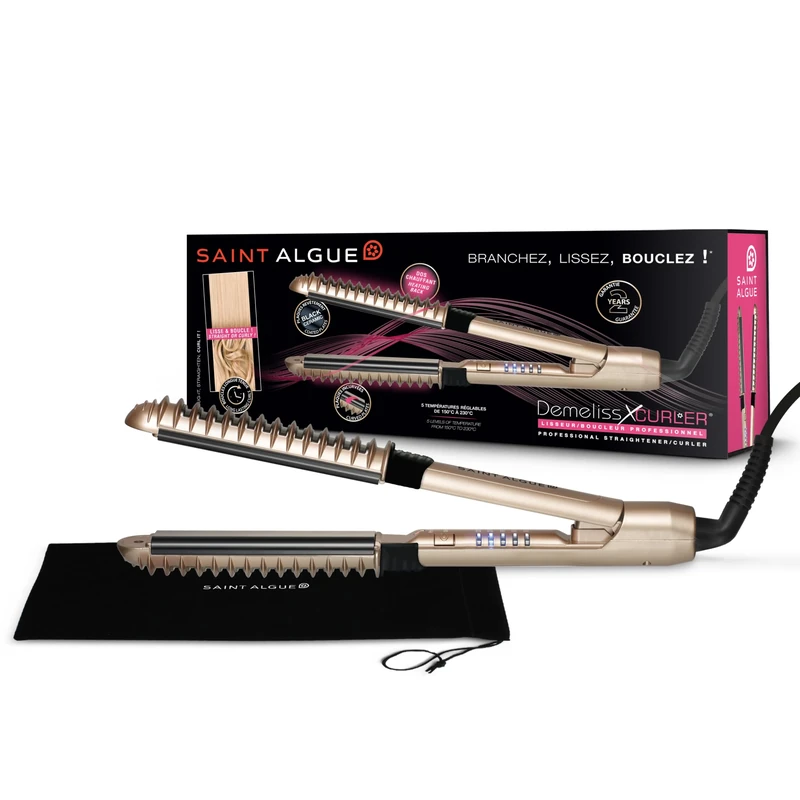 SAINT ALGUE Demeliss XCURLER - Professional Ceramic Straightener, 2 in 1 Curling Iron and Plate, for All Hair Types, Straight Hair / Curls / Waves, Temperature from 150 ° to 230 ° - Gold / Black