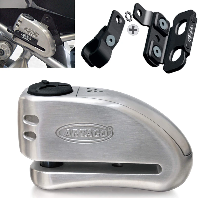 Artago 32S1 Anti-Theft Disc Lock with Alarm 120 dB High-End and Support for BMW Gs R1250Gs, R1200Gs, F850G, Stainless Steel