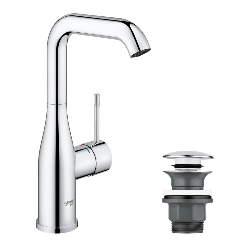GROHE Essence Smooth Body Basin Mixer Tap with Waste Push-Open Plug Set (L-Size, Metal Lever, 28mm Ceramic Cartridge, Water Saving, Swivel Spout, 3/8 Inch Tails, Min. Pressure 1 Bar), Chrome, 23799001