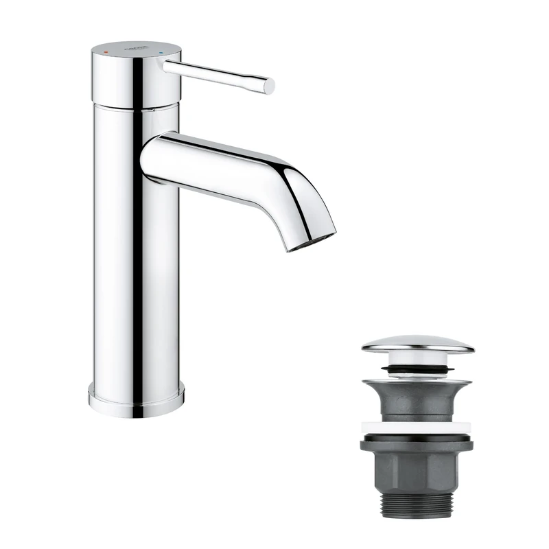 GROHE Essence Single-Lever Basin Mixer Tap with Push-Open Pop-Up Waste Set (S-Size 208mm, Metal Lever, 28 mm Ceramic Cartridge, Water- and Energy-Saving, 3/8 Inch Tails), Chrome, 23797001