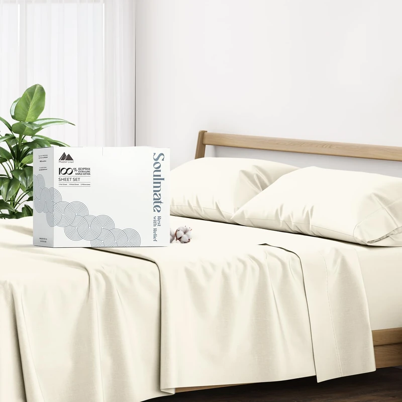 Mayfair Linen Sheets 100% Egyptian Cotton Queen Size - Luxury 500 Series Queen Sheet Set (4 PC, Ivory), Silky Soft, Cooling 16" Deep Pocket Hotel Quality Bed Sheet - Soulmate Collection