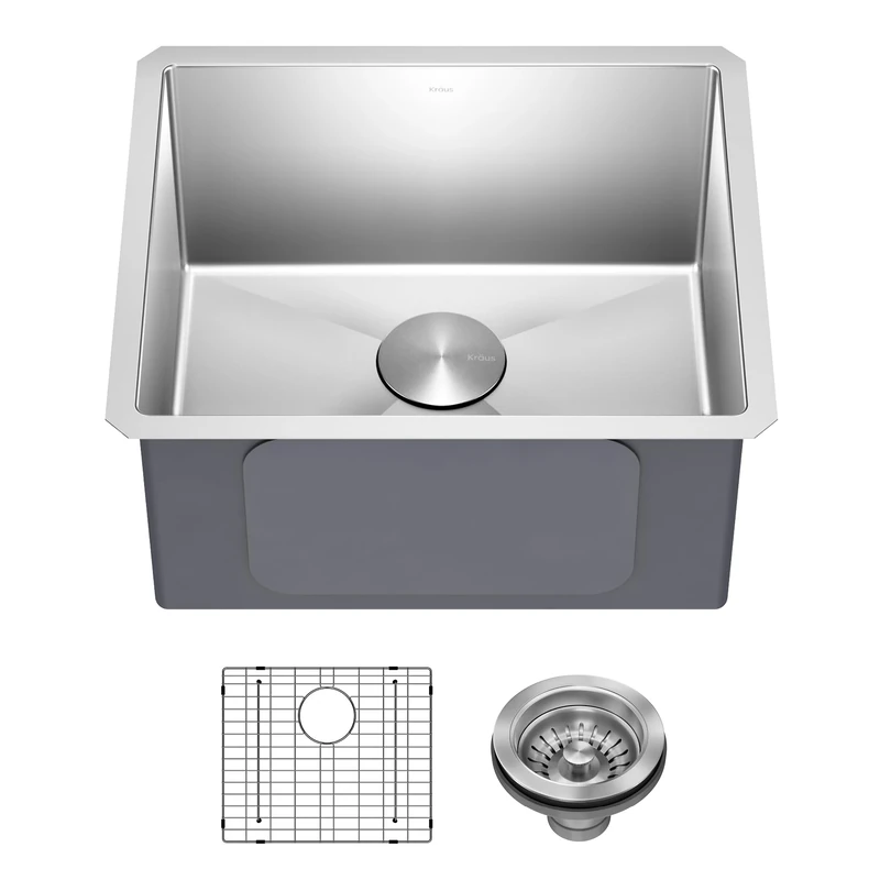 Kraus KHU101-21 Standart PRO 16 Gauge Undermount Single Bowl Set (4 Item Bundle: Sink, Bottom Grid, Drain Assembly, Kitchen Towel), 21 Inch, Stainless Steel