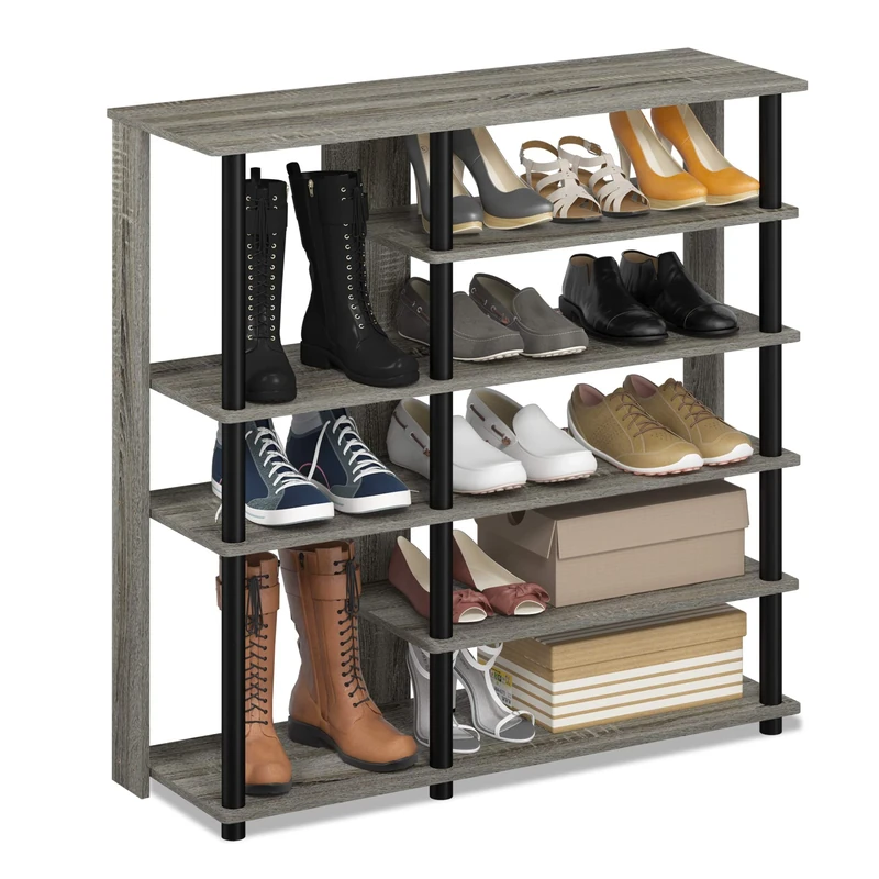 Furinno TURN-N-TUBE Shoe Rack, 5-Tier Shoe Organizer, Shoe Storage Shelf with Multi-Level Storage, 11.8 x 35.2 x 36.4, for Closet Entryway, Office, Garage, French Oak/Black