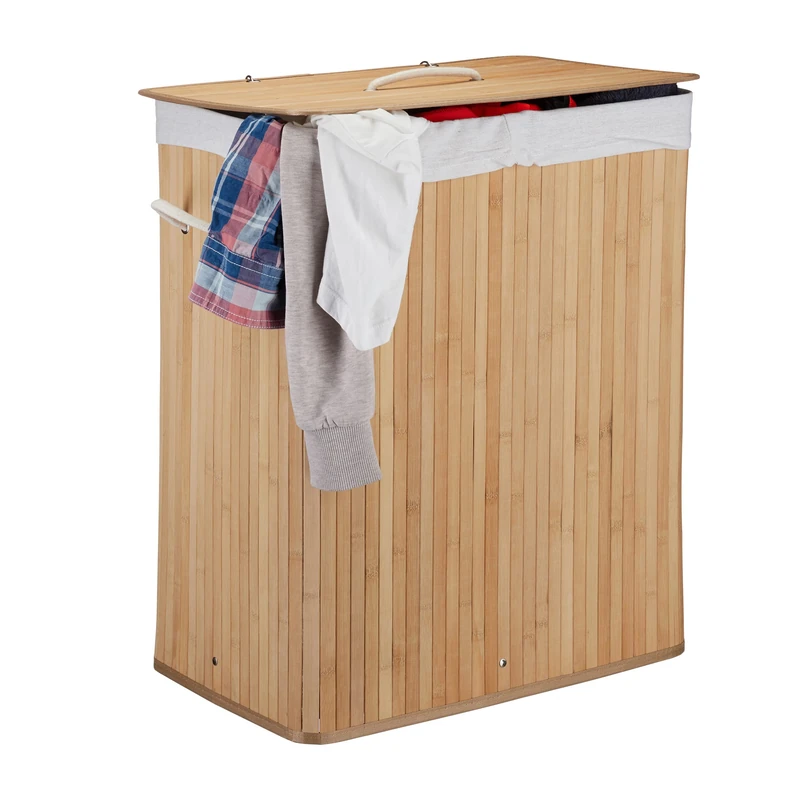 Relaxdays Lidded Bamboo Laundry Hamper, 100 L, Clothes Container, 2 Compartments, Folding, Rectangular Basket, Bathroom, Natura