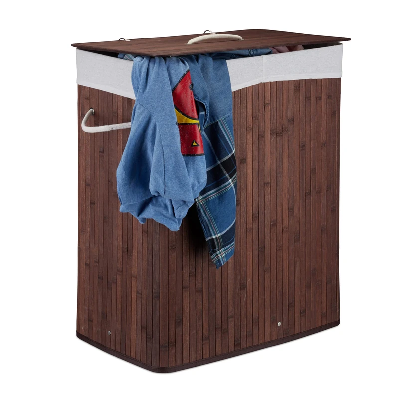 Relaxdays Lidded Bamboo Laundry Hamper, 100 L, Clothes Container, 2 Compartments, Folding, Rectangular Basket, Bathroom, Brown
