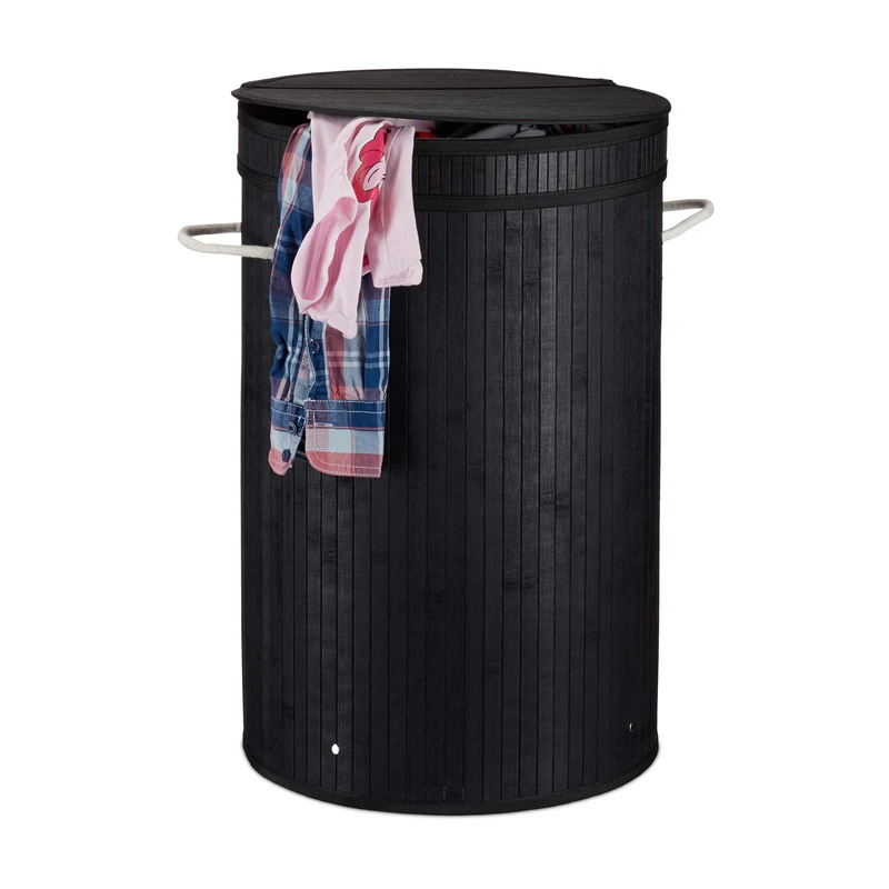 Relaxdays Lidded Laundry Hamper, Round Clothes Sorter, 65 Litres, XXL Stand, Black