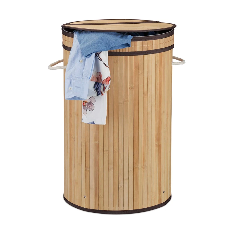 Relaxdays Lidded Laundry Hamper, Round Clothes Sorter, 65 Litres, XXL Stand, Natural - Image 1