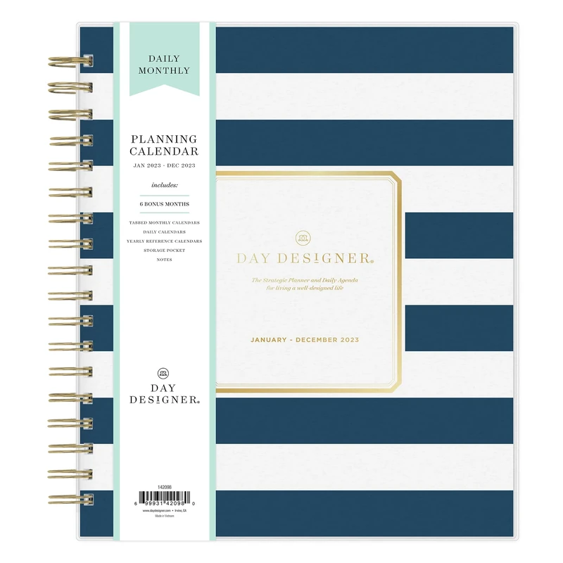 BLUE SKY Designer for Blue Sky 2023 Daily and Monthly Planner, 8" x 10", Frosted Cover, Wirebound, Navy Stripe (142098), 8'' x 10''