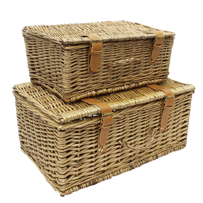 JVL Luxury Rectangular Buff Willow Picnic Hamper Baskets, Set of 2, Natural