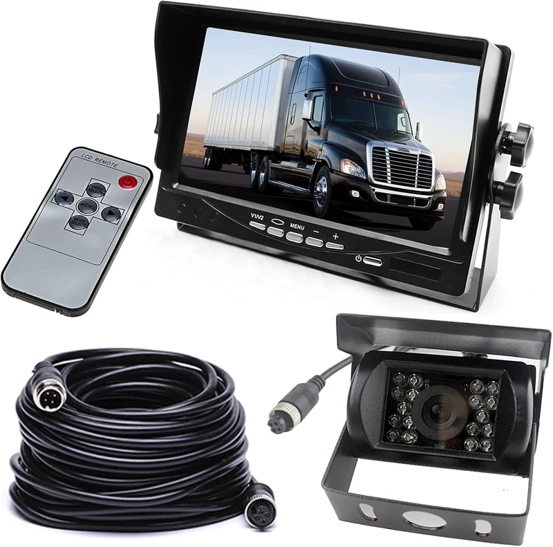 DC 12-24V Vehicle Backup Camera Monitor System, Waterproof 18LEDs Night Vision Reversing Reverse Rear View Camera with 15M 4 Pin Aviation Cable +7" TFT LCD Car Monitor for Large Truck Bus RV Trailer