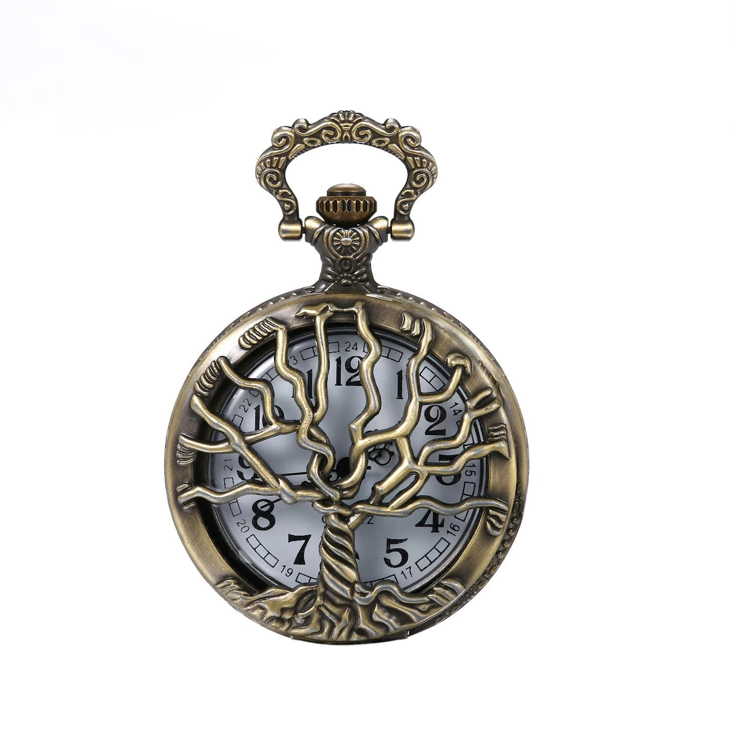 JewelryWe Mens Pocket Watch Stylish Tree of Life Hollow Retro Quartz Watch Arabic Numerals Pendant Necklace
