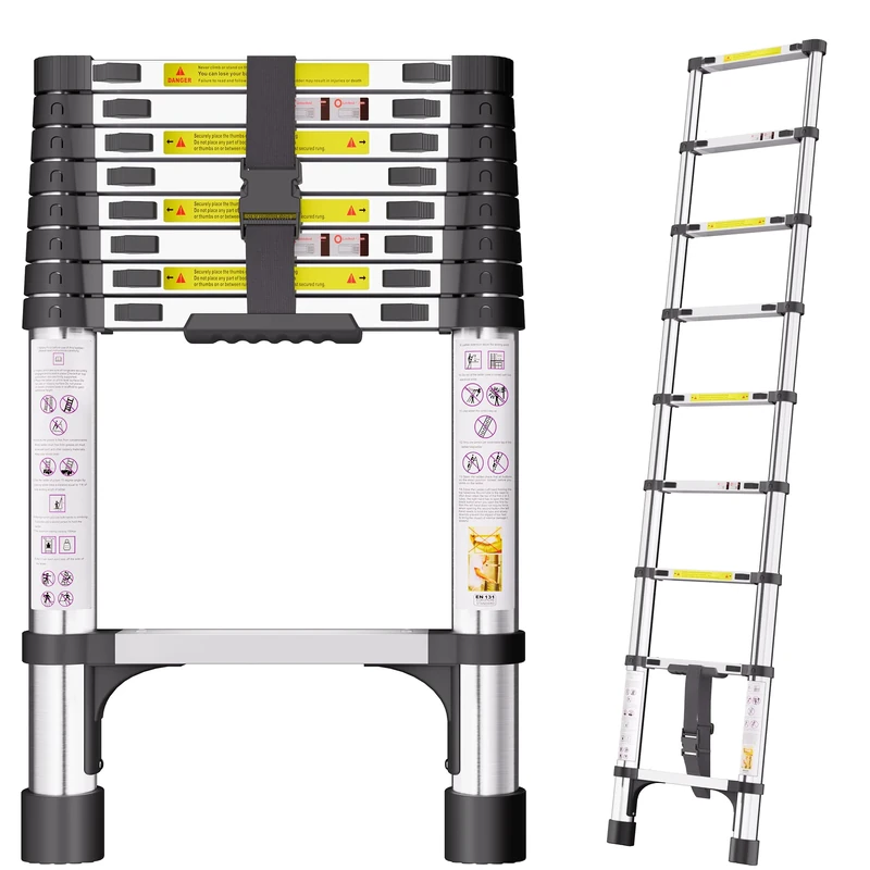 Telescopic Ladder, 2.6M Stainless Steel Loft Ladder with Non-Slip Feet and Triangle Support, Portable Ladders Extendable Thickened High-Strength, Ladders for Roof Attic Caravans