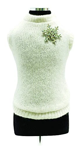 Trilly Tutti Brilli Loup Wool Sweater with Crystal Snowflake Brooch, White, X-Large