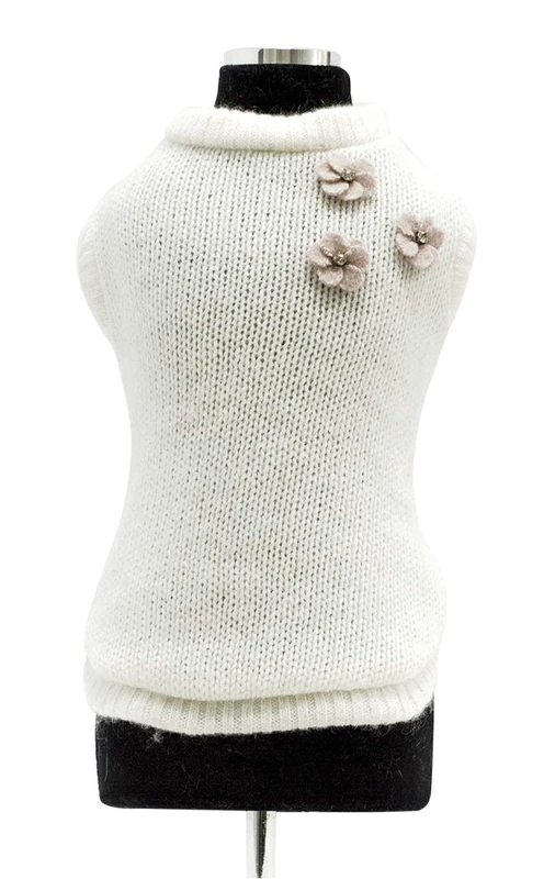 Trilly Tutti Brilli Cecile Wool Sweater with Felt and Crystal Flower Application, 2X-Small, White