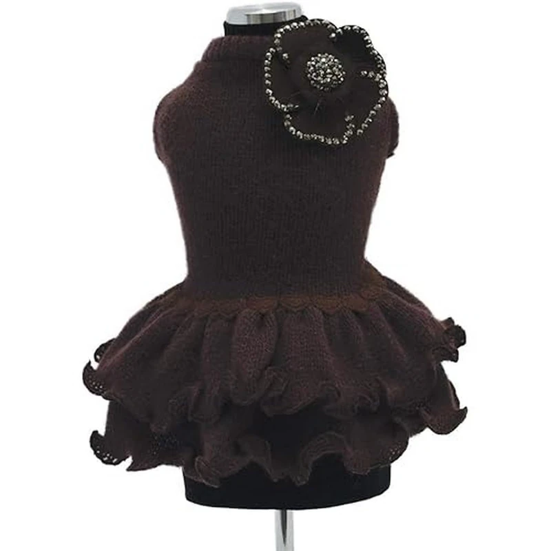 Trilly Tutti Brilli Jade Wool Dress with Flower Brooch and Crystals, Medium, Brown