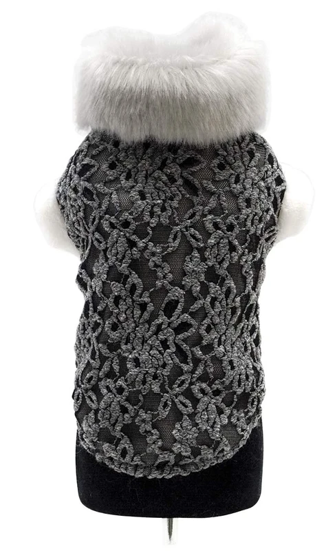 Trilly Tutti Brilli Odette Lace And Plush Coat with Faux Fur Collar, Grey, X-Small