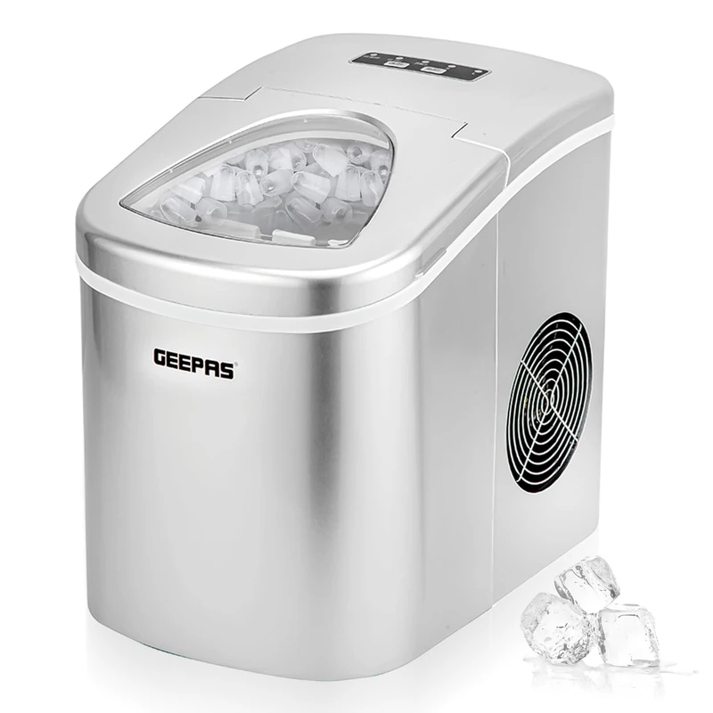 Geepas Ice Cube Maker | Compact Portable Countertop Ice Maker Machine Two Sizes, Produces 12kg Ice in 24 Hours | 2.2L Tank, Automatic & Silent Functioning | Includes Scoop & Removable Basket Silver