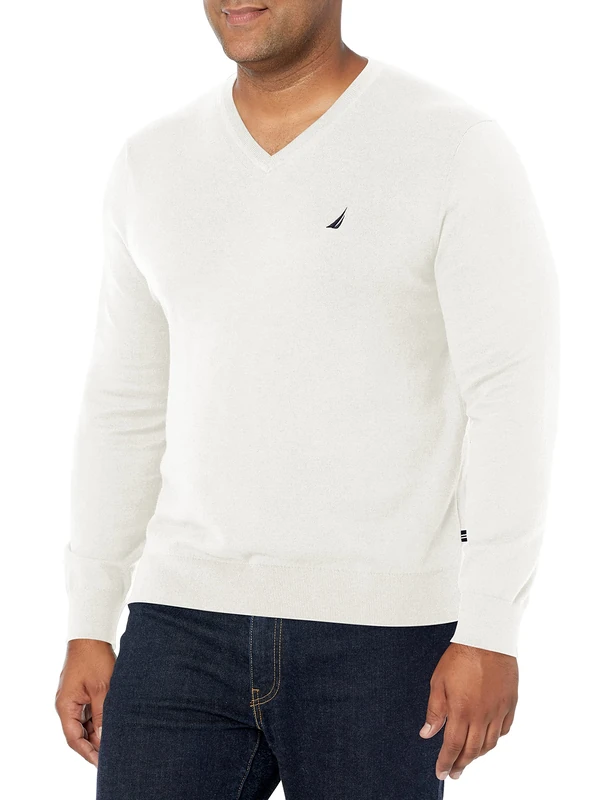 Nautica Men's Classic Fit Soft Lightweight Jersey V-Neck Sweater Pullover, Marshmallow, Large