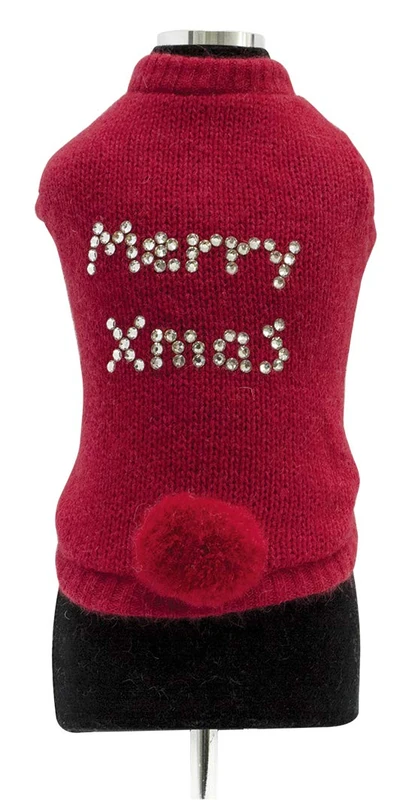 Trilly Tutti Brilli Aude Wool Sweater with Swarovski Thermal Application and Brooch Pompons, X-Large, Red