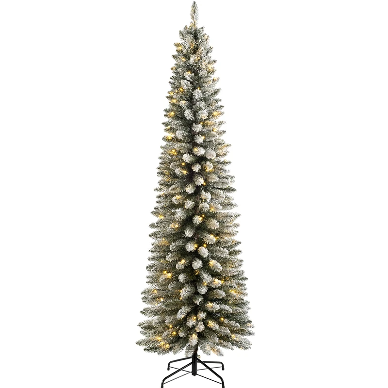 WeRChristmas Pre-lit Snow Flocked Pencil Christmas Tree with 180 LED Lights, White, 6.5 feet/1.95 m, WRC-8629