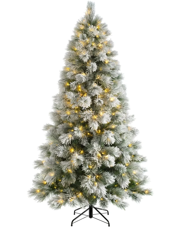 WeRChristmas Pre-Lit Snow Drift Flocked Pine Needle Christmas Tree, Multi-Function LED Lights, Warm White, 6 feet/1.8 m