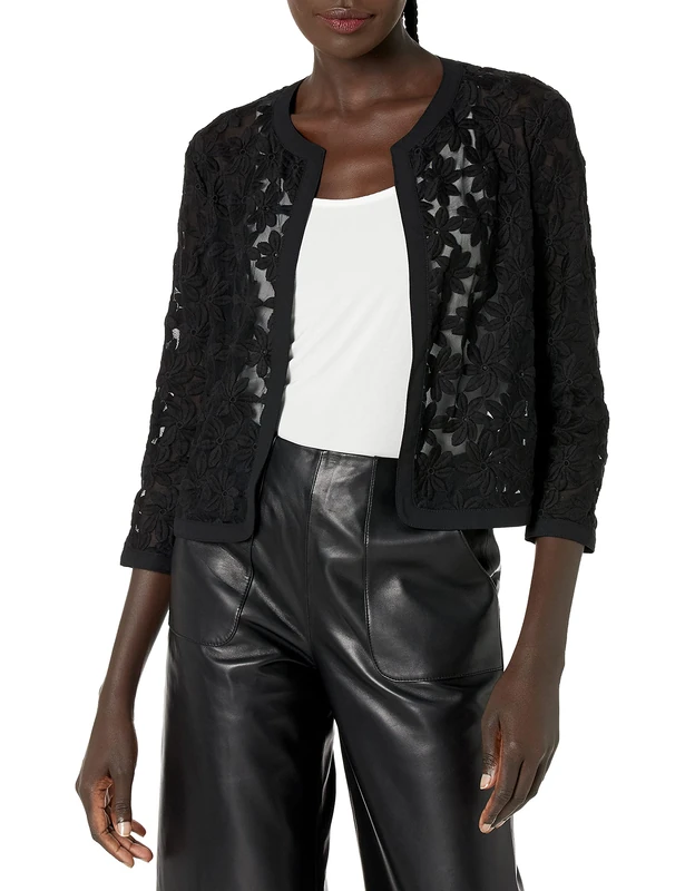 Anne Klein Women's Floral Lace Mesh Cardigan Blazer, Anne Black, 8 - Image 1