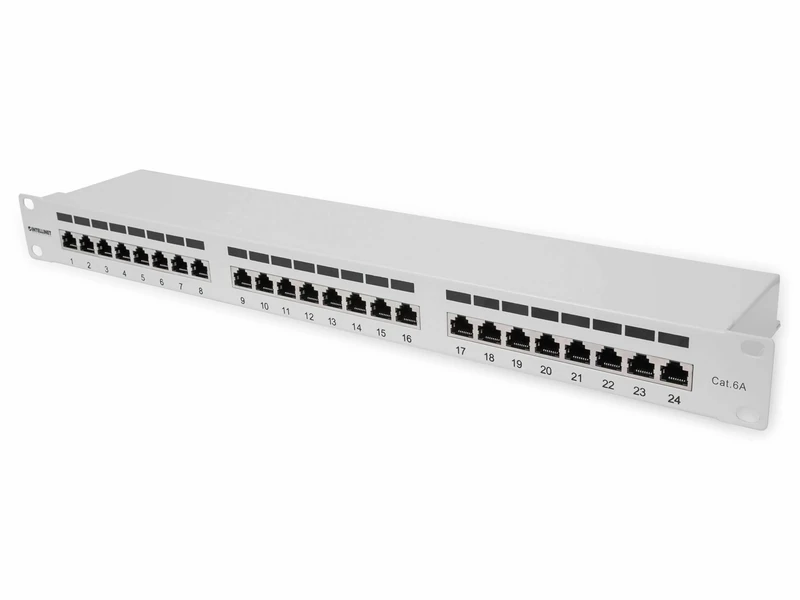 Intellinet Patch Panel, Cat6a, FTP, 24-Port, 1U, Shielded, 90° Top-Entry Punch Down Blocks, Grey