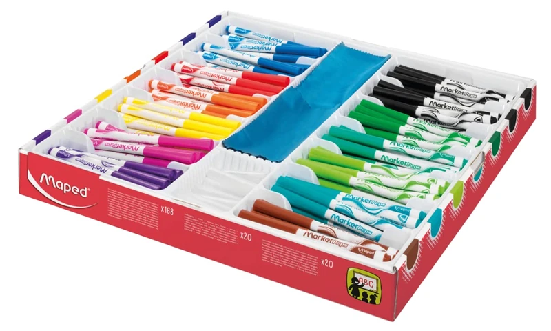 Maped - Marker'Peps 168 Dry Erase Felt-Tip Pens + 20 Cloths + 20 Extra Caps - Slate and Whiteboard Pens - Non-Permanent Markers - Medium Tip 1.5 mm