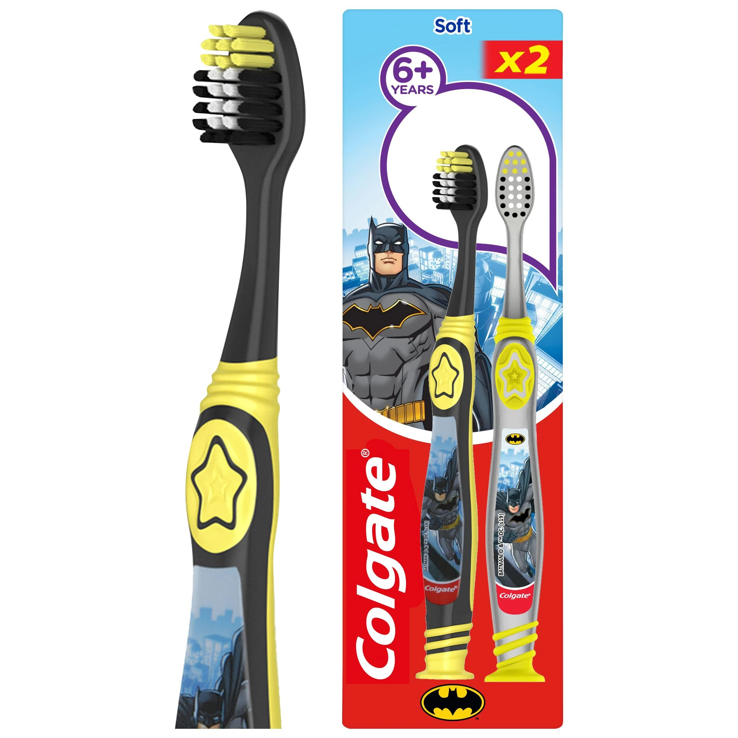 Colgate Batman or Wonderwoman 2pk Kids Toothbrush 6+ Years - Soft high-Density bristles Gently Clean and Massage Gums - bristles fit The Shape of Small Teeth - Comfortable Rubber Handle