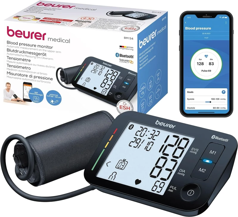 Beurer BM54 Smart Automatic Blood Pressure Monitor for Home Use, Blood Pressure Machine with Arrhythmia Detection & Colour-Coded Risk Indicator, XL Upper-Arm Cuff & with free Smartphone App