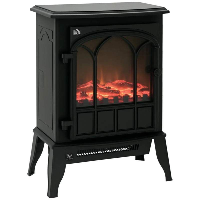 HOMCOM Freestanding Electric Fireplace, Electric Stove Heater with LED Flame Effect, Overheating Safety System, 1000W/2000W Black