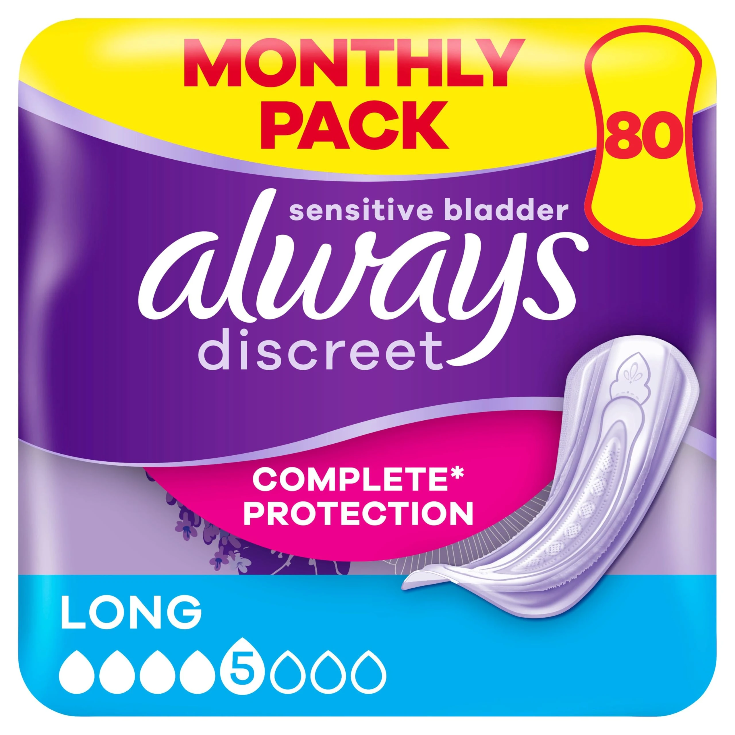 Always Discreet Incontinence Pads Long, 80 Pads (4 x 20 Pieces) Monthly Pack, Discreet Protection & High Absorbency, Odour-Neutralising (Packaging May Vary)