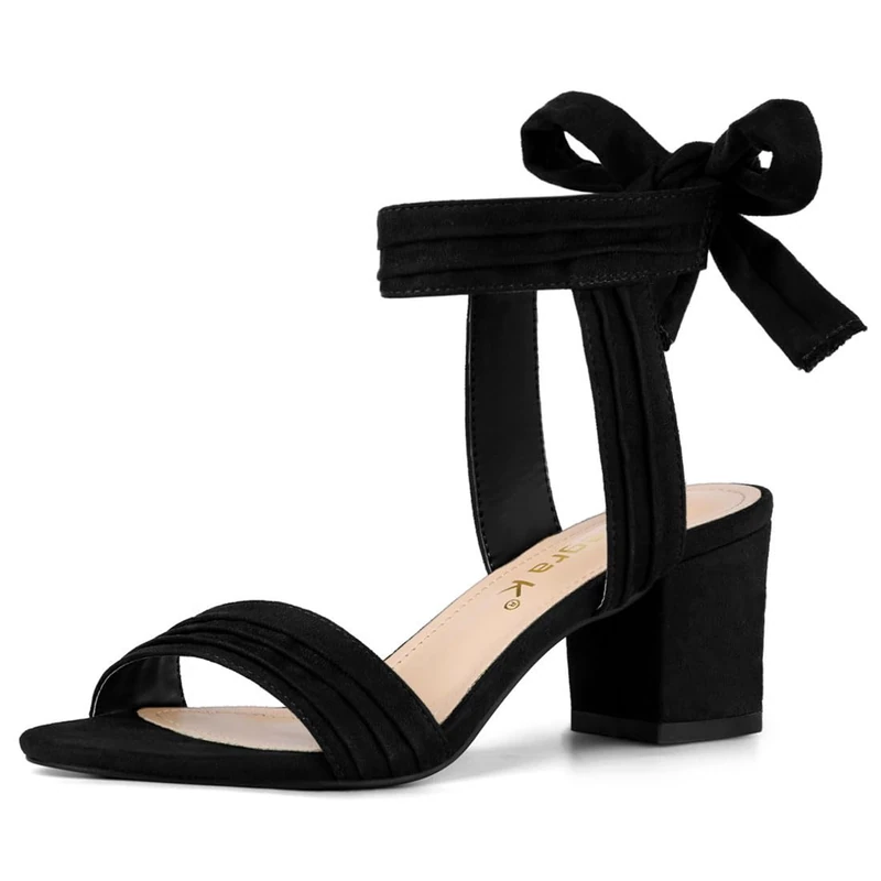 Allegra K Women's Open Toe Ankle Tie Back Block Heels Sandals Black 7 UK/Label Size 9 US - Image 1