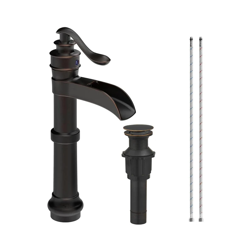 Homevacious Oil Rubbed Bronze Waterfall Vessel Sink Tall Black Single Handle Bath Basin Farmhouse with Pop Up Drain Assembly Lavatory One Hole Mixer Tap Without Overflow