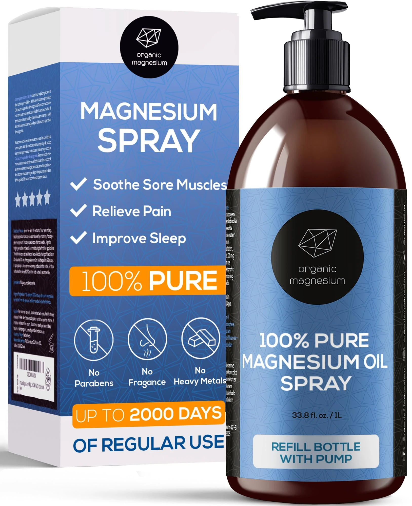 Magnesium Oil for Sleep 1000ml - 100% Natural & Ultra Pure Magnesium Oil | Topical Organic Magnesium Foot Spray Refill Bottle for Restless Legs & Muscle Cramp Relief | from Ancient Zechstein Seabed