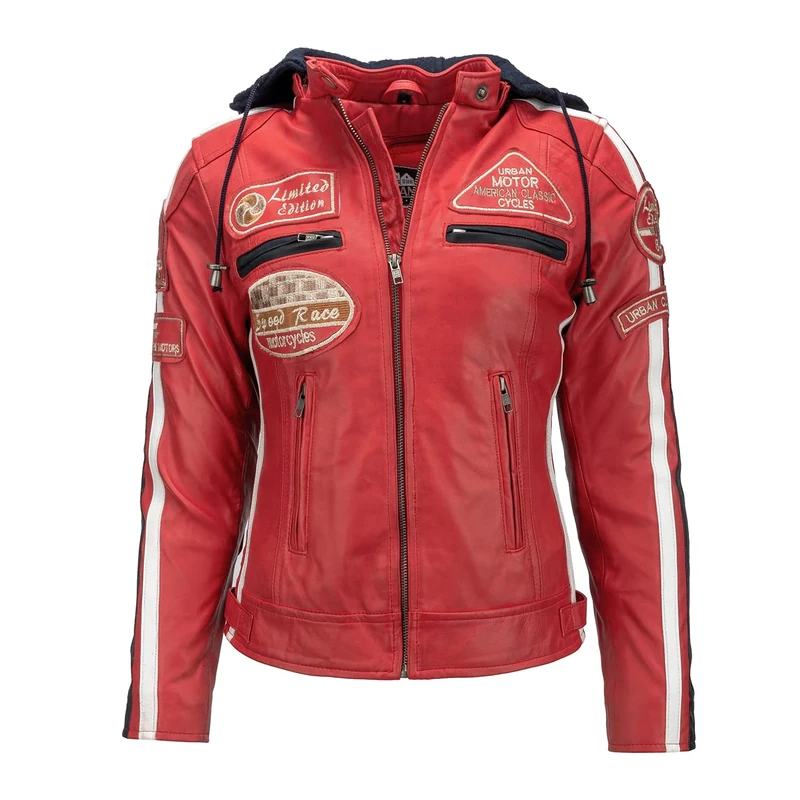 Urban Leather Women's Leather Motorcycle Jacket '58 LADIES' | Lambskin Biker Jacket | CE Approved Remouvable Armour for Back, Shoulders and Elbows, RED WAX