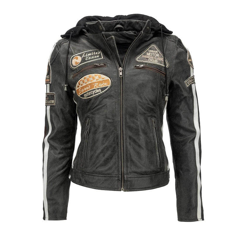 Urban Leather 58 LADIES Motorcycle Jacket with Protective Padding, Breaker, L, Dark Grey