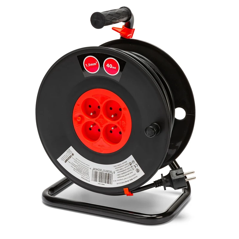 Velamp REEL-FR-40 Electric Extension Cable 40 m with Reel 4 Sockets 16 A 3G 1.5 mm² Section + Circuit Breaker Black and Red