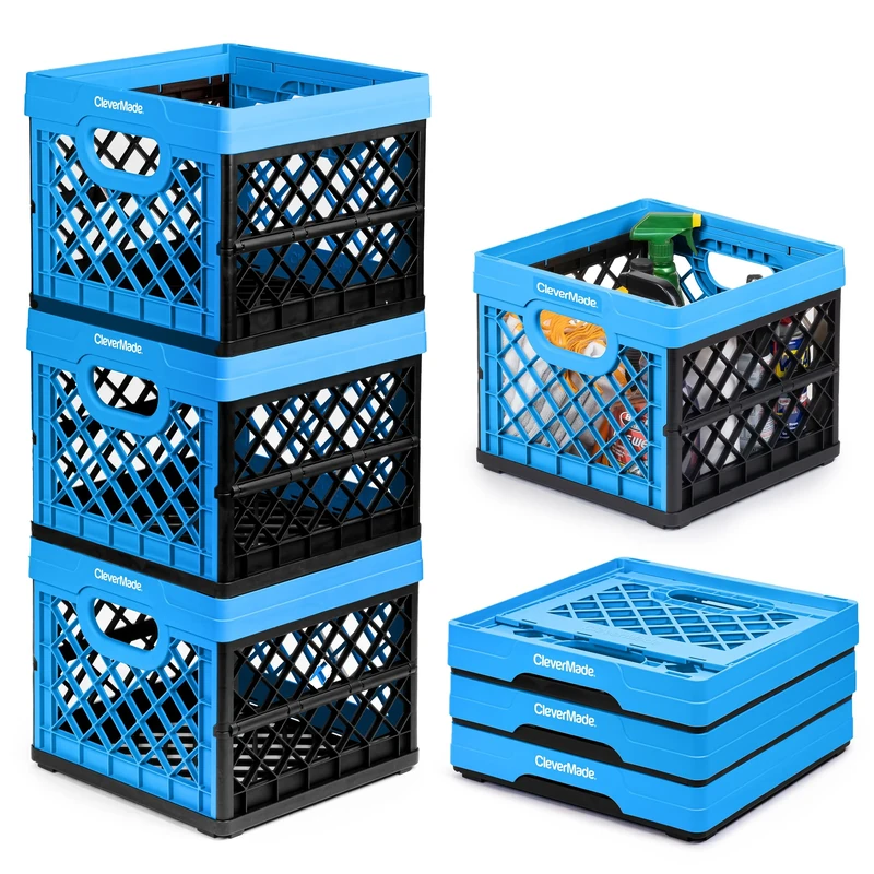 CleverMade Utility Totes, 25 Liters Stackable Collapsible Storage Bins/Containers Milk Crate, 100% Polypropylene, Blue