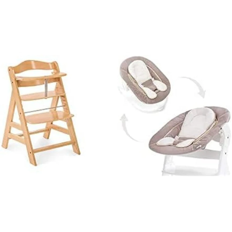 Hauck Wooden Highchair Alpha +, Natural with Hauck Alpha Bouncer 2-in-1 New-Born Set, Stretch Beige